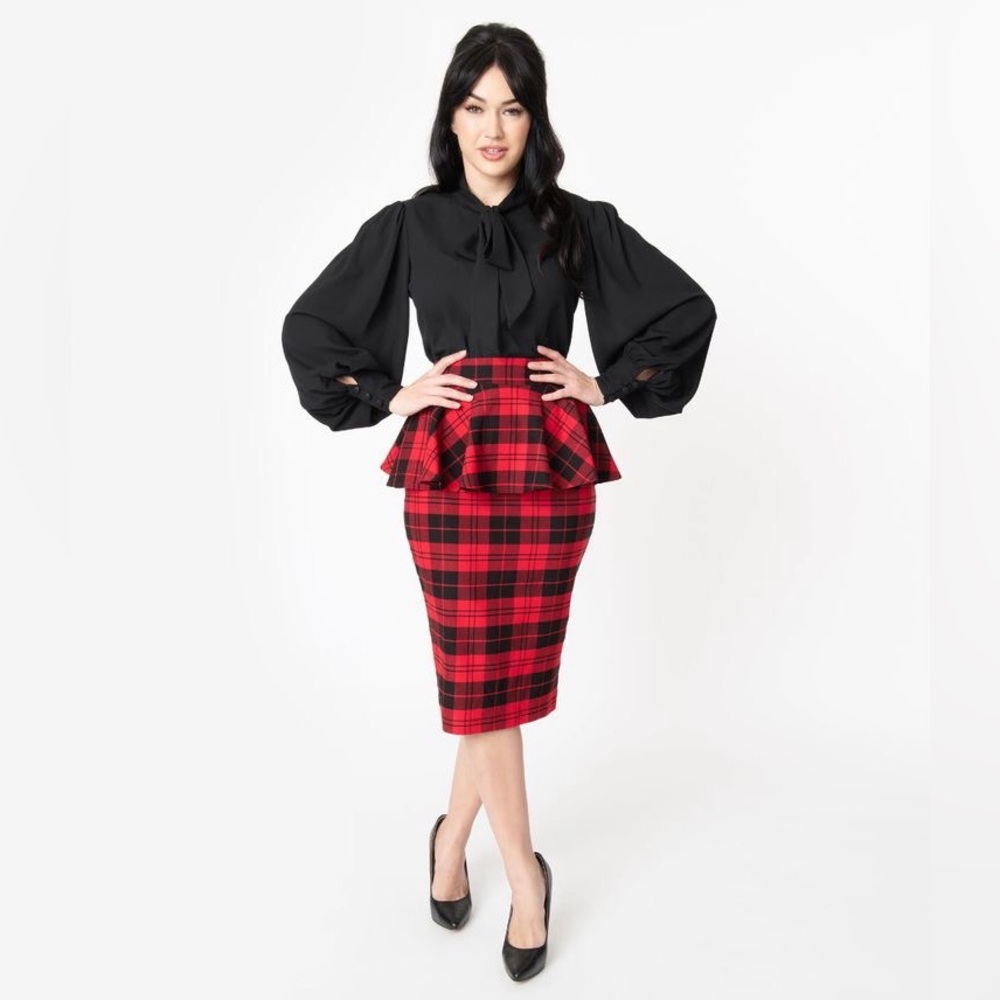 3X EUC Unique Vintage Red Black Plaid Boulevard Peplum Pinup Retro Pencil Skirt